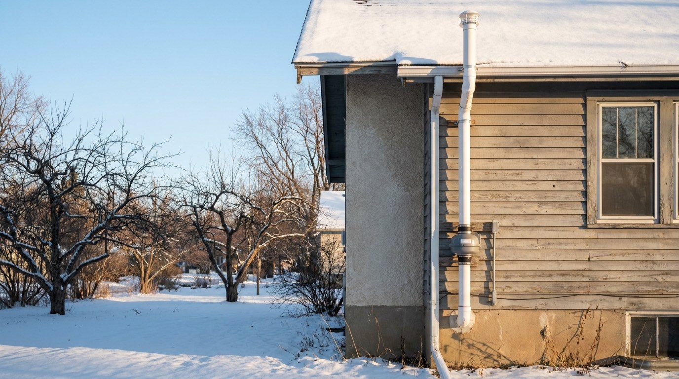 White radon mitigation pipe with an inline fan running up the side of an older stucco and clapboard house to above the roof edge, snow on the roof and yard on a clear winter morning
