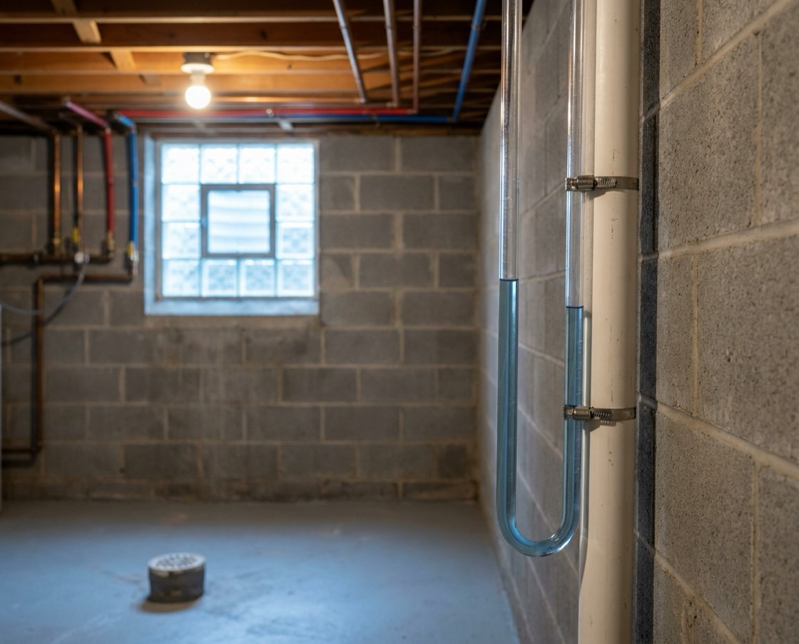 U-tube manometer strapped to a white radon pipe in an unfinished basement with concrete block walls and a glass-block window, the fluid sitting at two different heights to show the fan is pulling